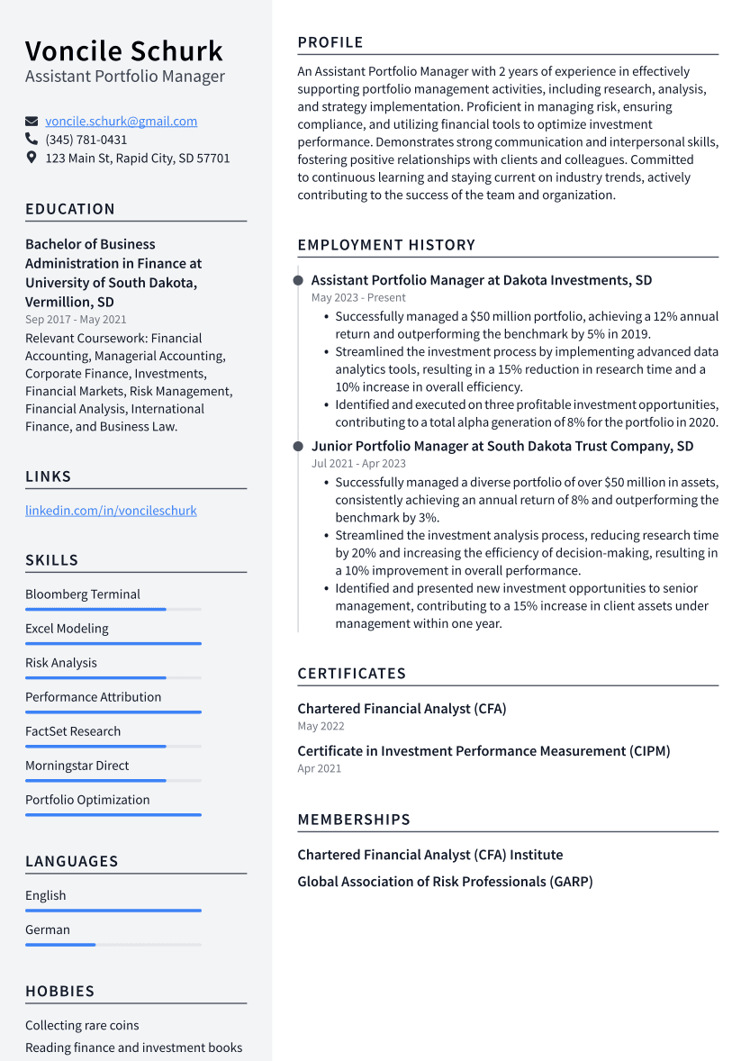 Assistant Portfolio Manager Resume Example