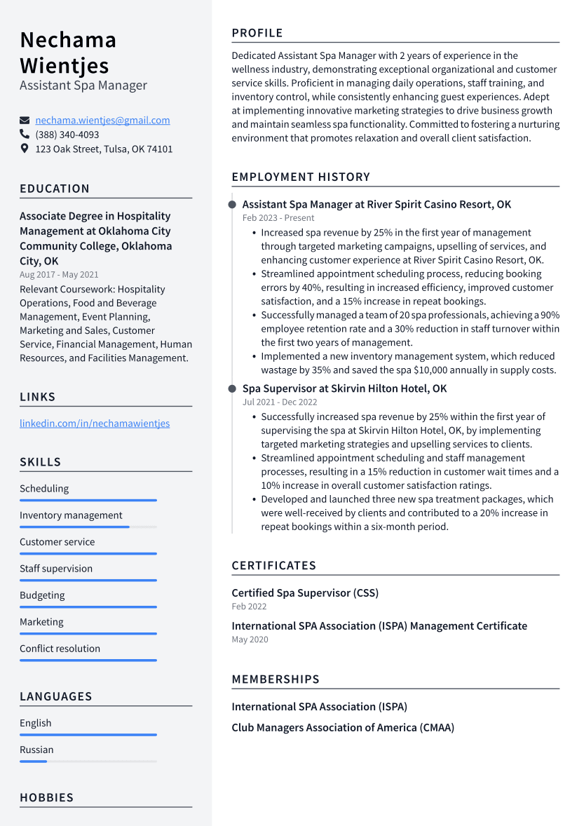 Assistant Spa Manager Resume Example