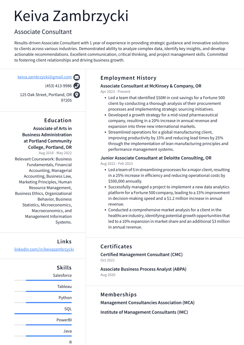 Associate Consultant Resume Example