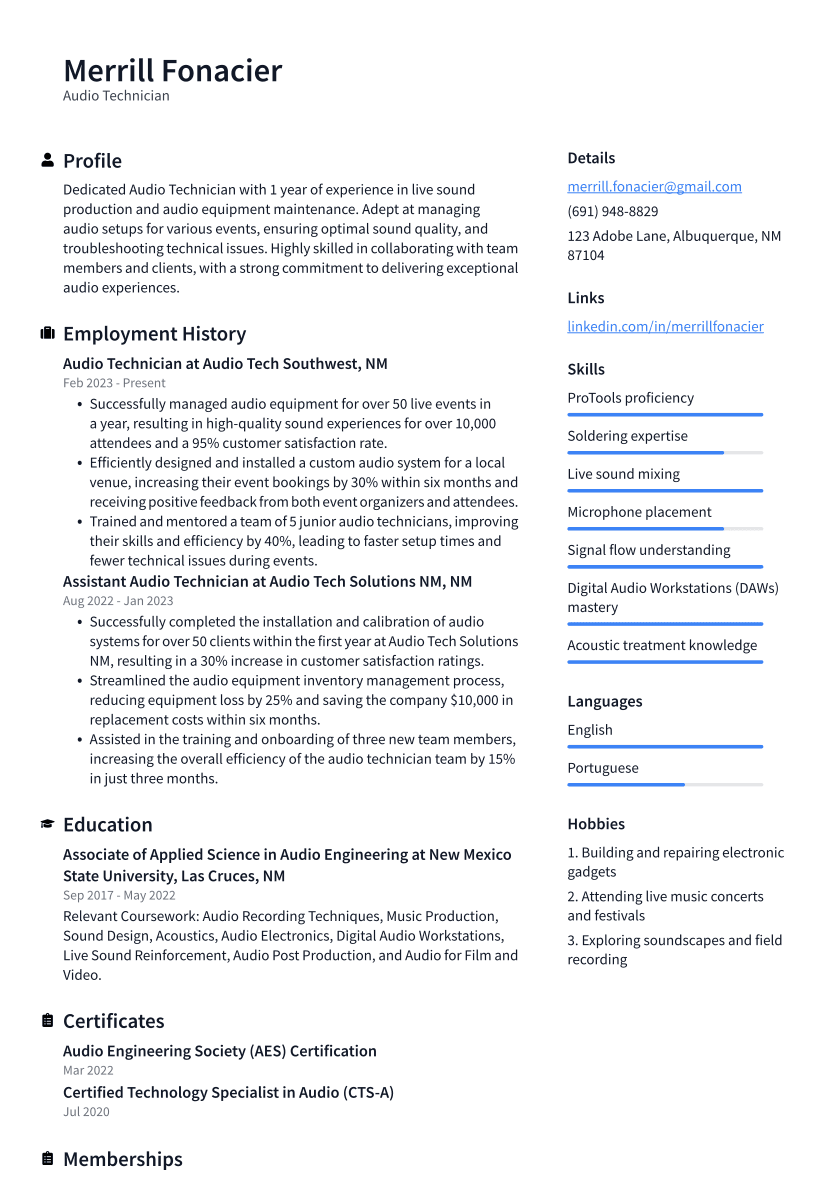 Audio Technician Resume Example