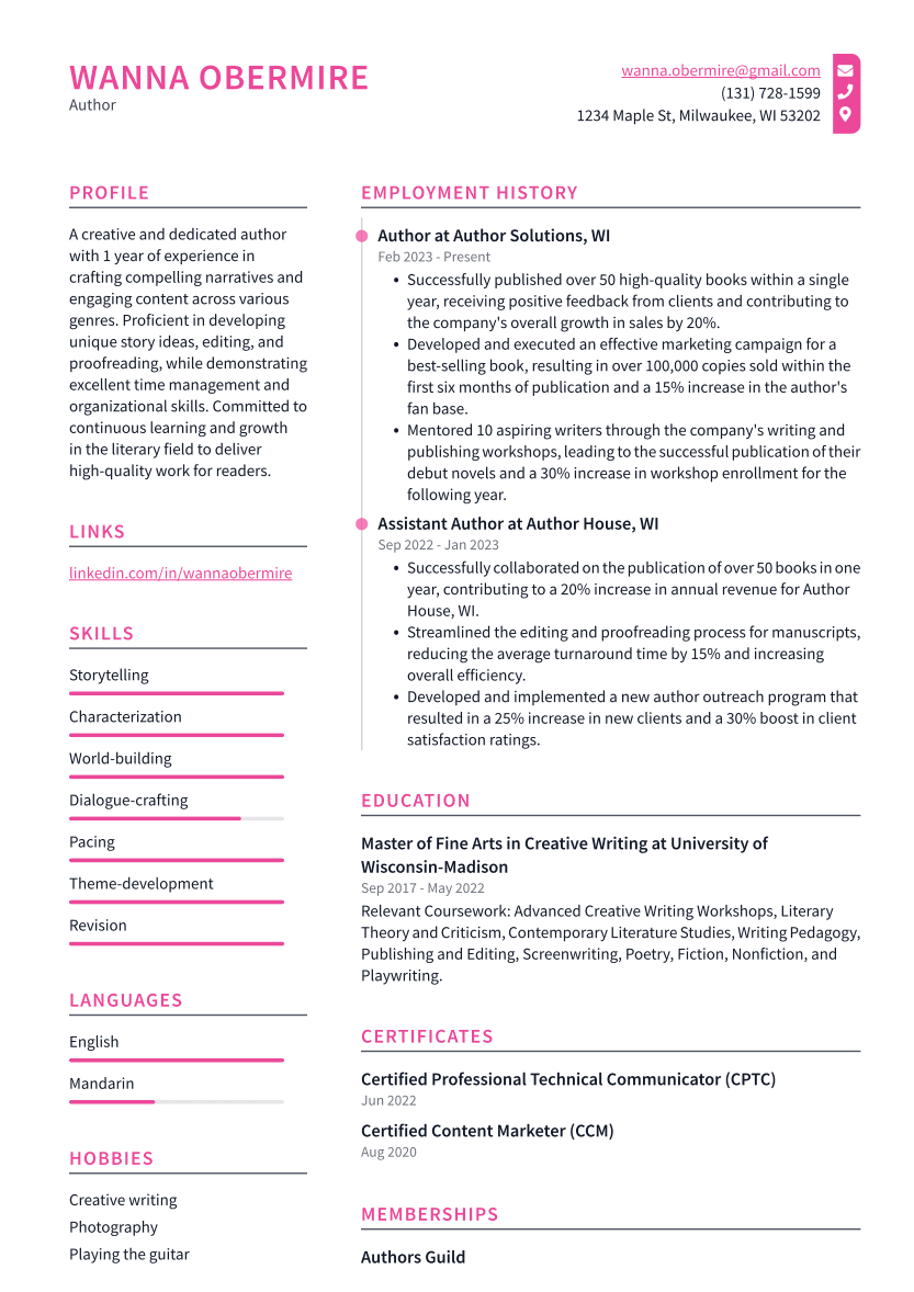 Author Resume Examples and Templates | ResumeCat