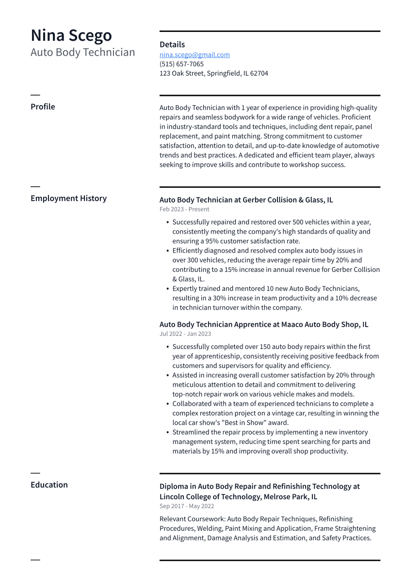 Auto Body Technician Resume Example