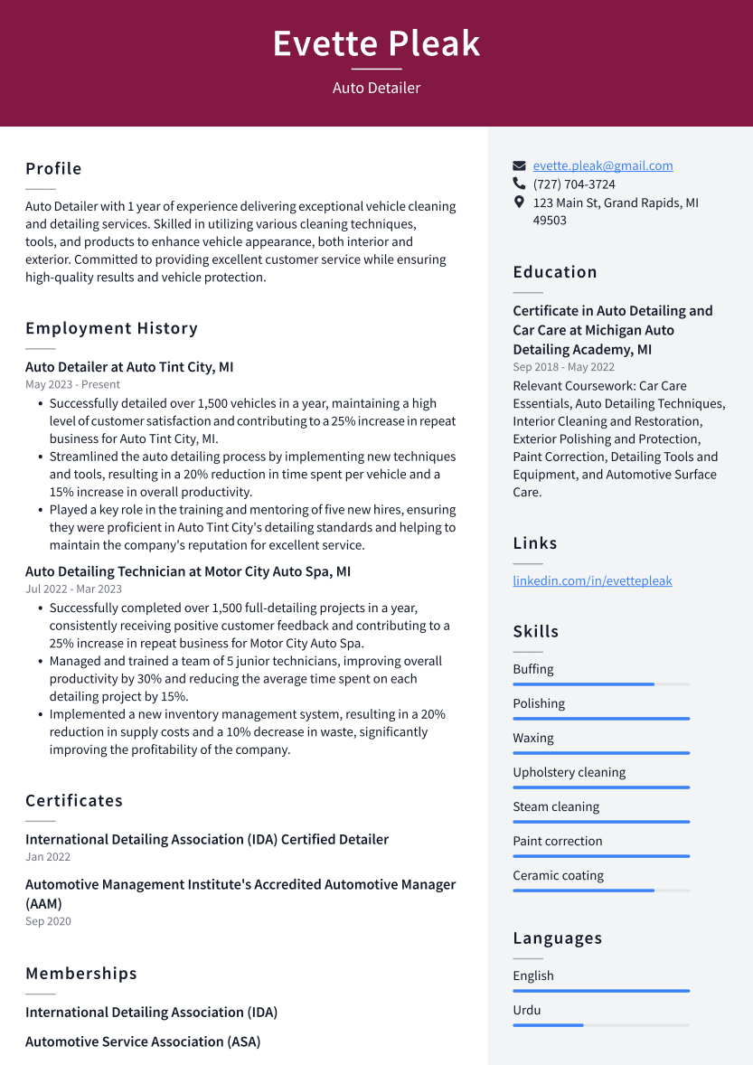 Auto Detailer Resume Example