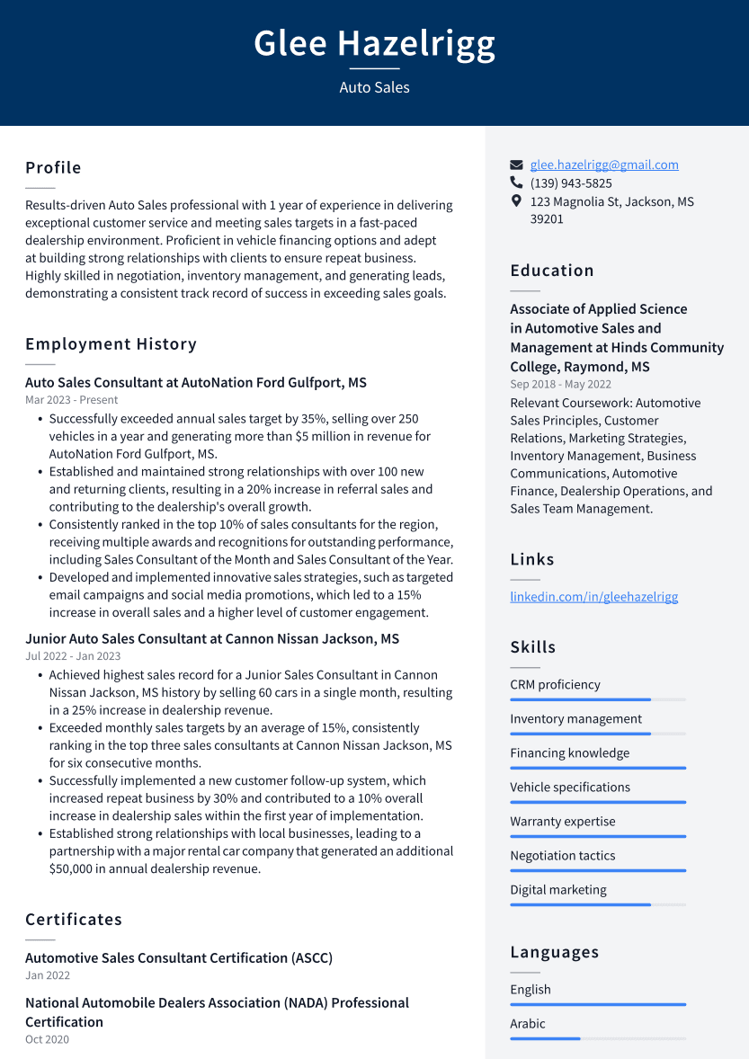 Auto Sales Resume Example