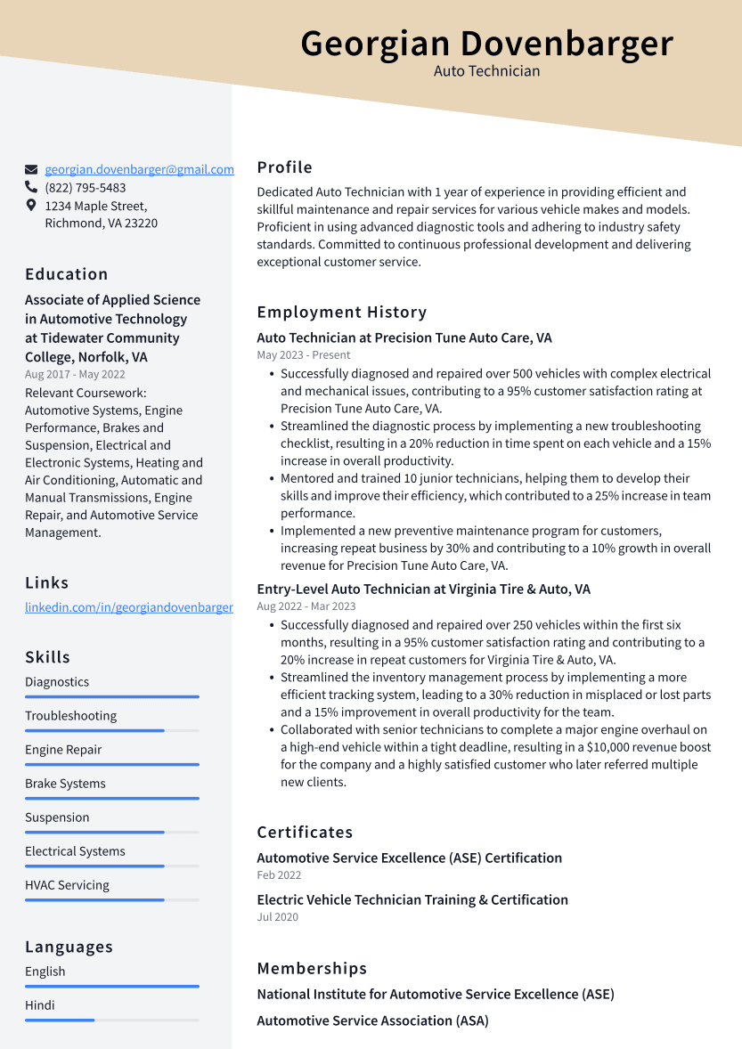 Auto Technician Resume Example