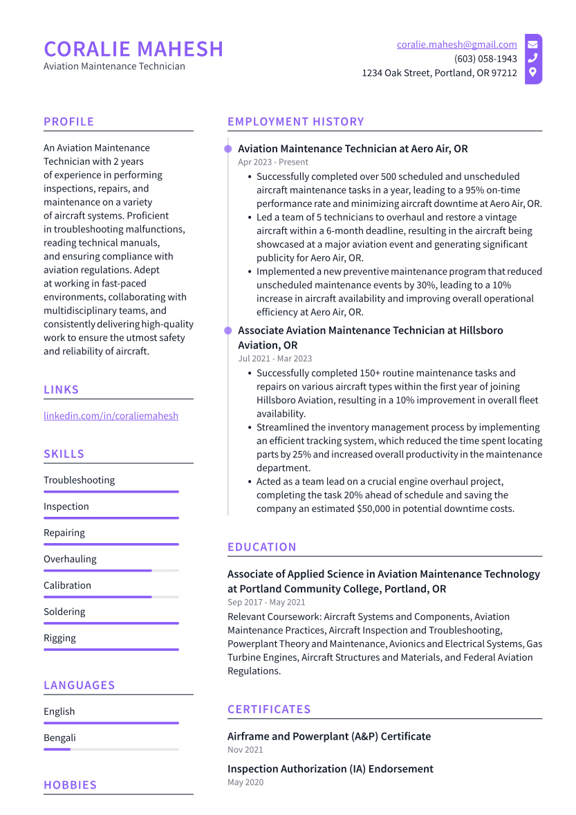 Aviation Maintenance Technician Resume Example