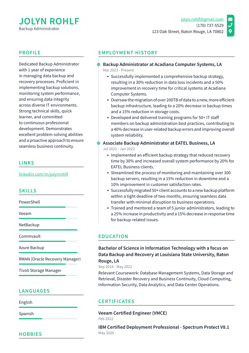 Backup Administrator Resume Example