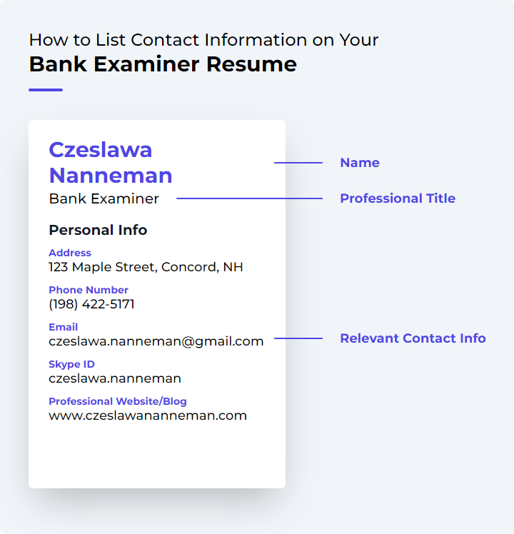 How to List Contact Information for a Bank Examiner Resume