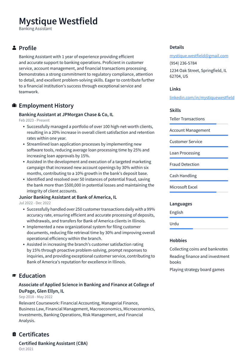 Banking Assistant Resume Example