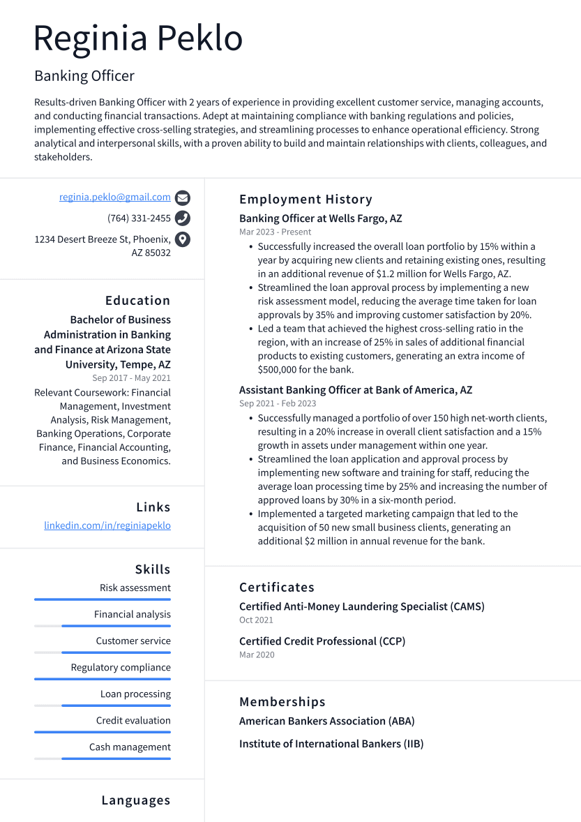 Banking Officer Resume Example