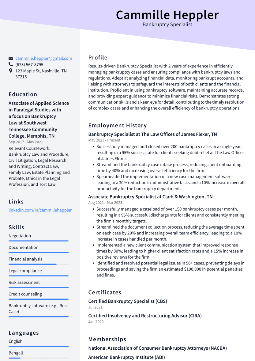 Bankruptcy Specialist Resume Example