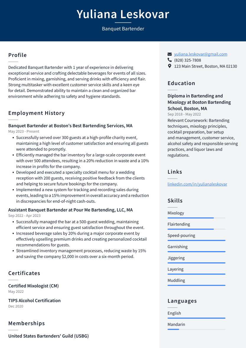 Banquet Bartender Resume Example