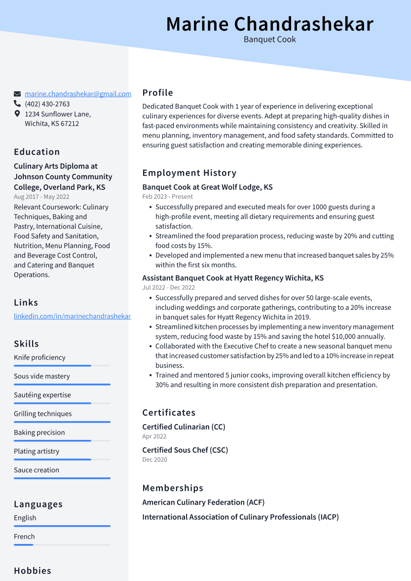 Banquet Cook Resume Example