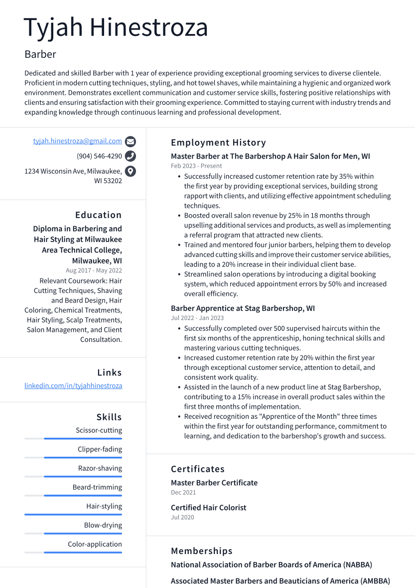 Barber Resume Example