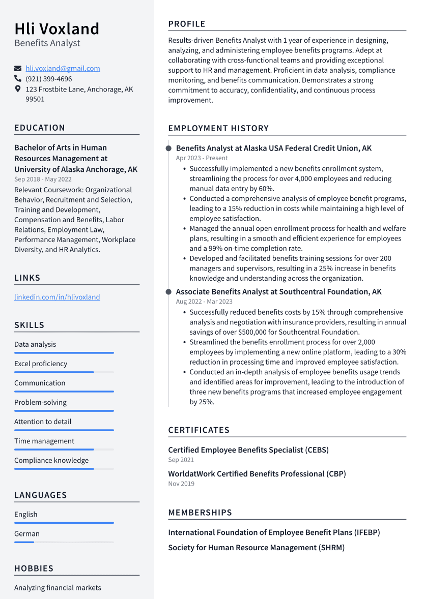 Benefits Analyst Resume Example