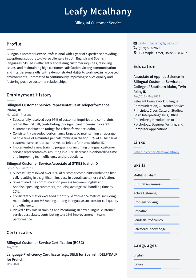 Bilingual Customer Service Resume Example