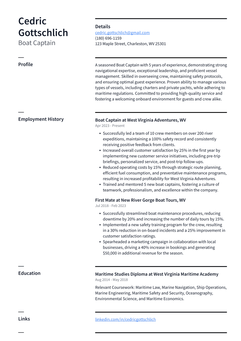 Boat Captain Resume Example