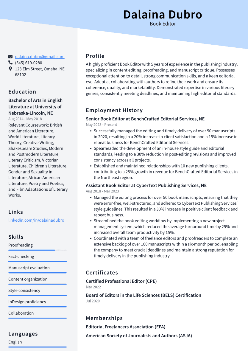 Book Editor Resume Example