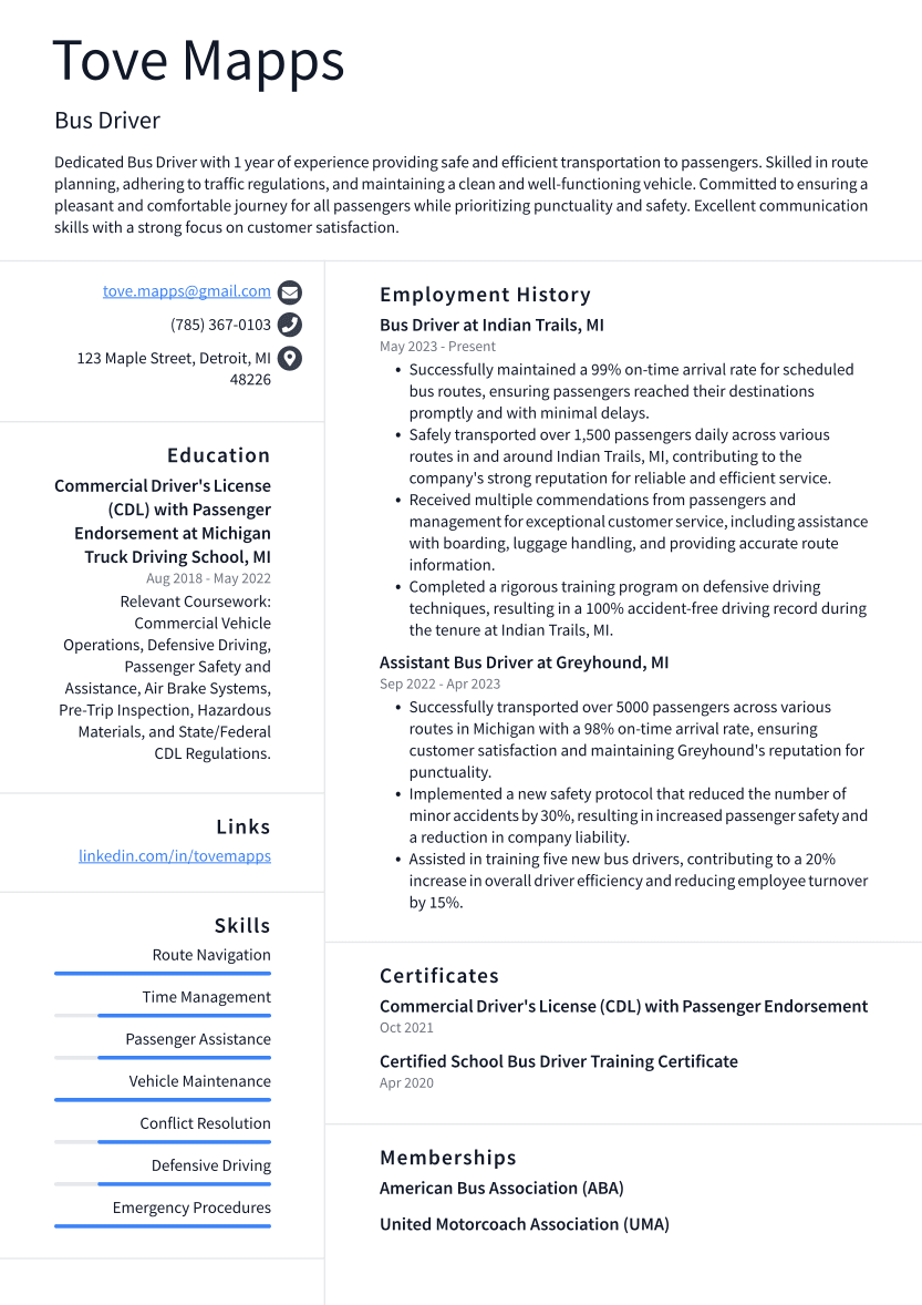 Bus Driver Resume Example