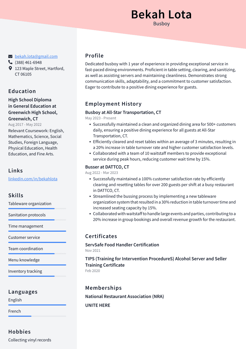 Busboy Resume Example