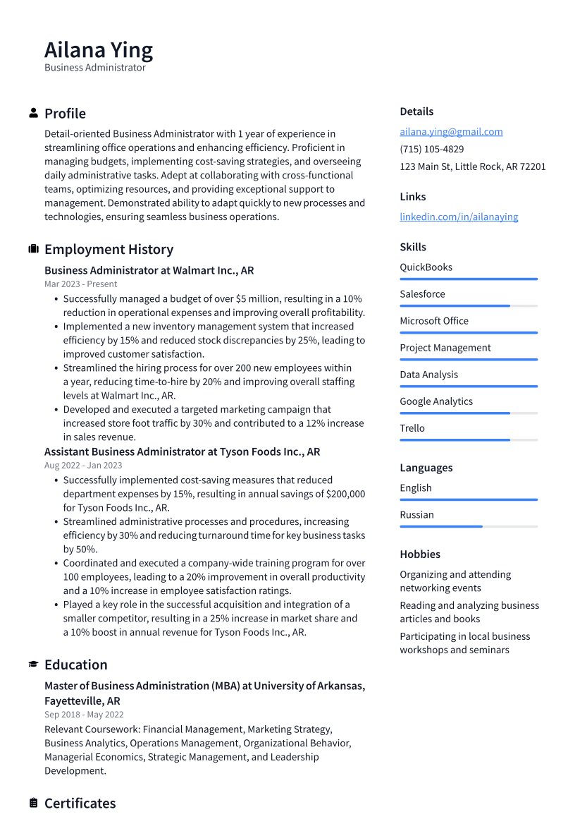 Business Administrator Resume Example