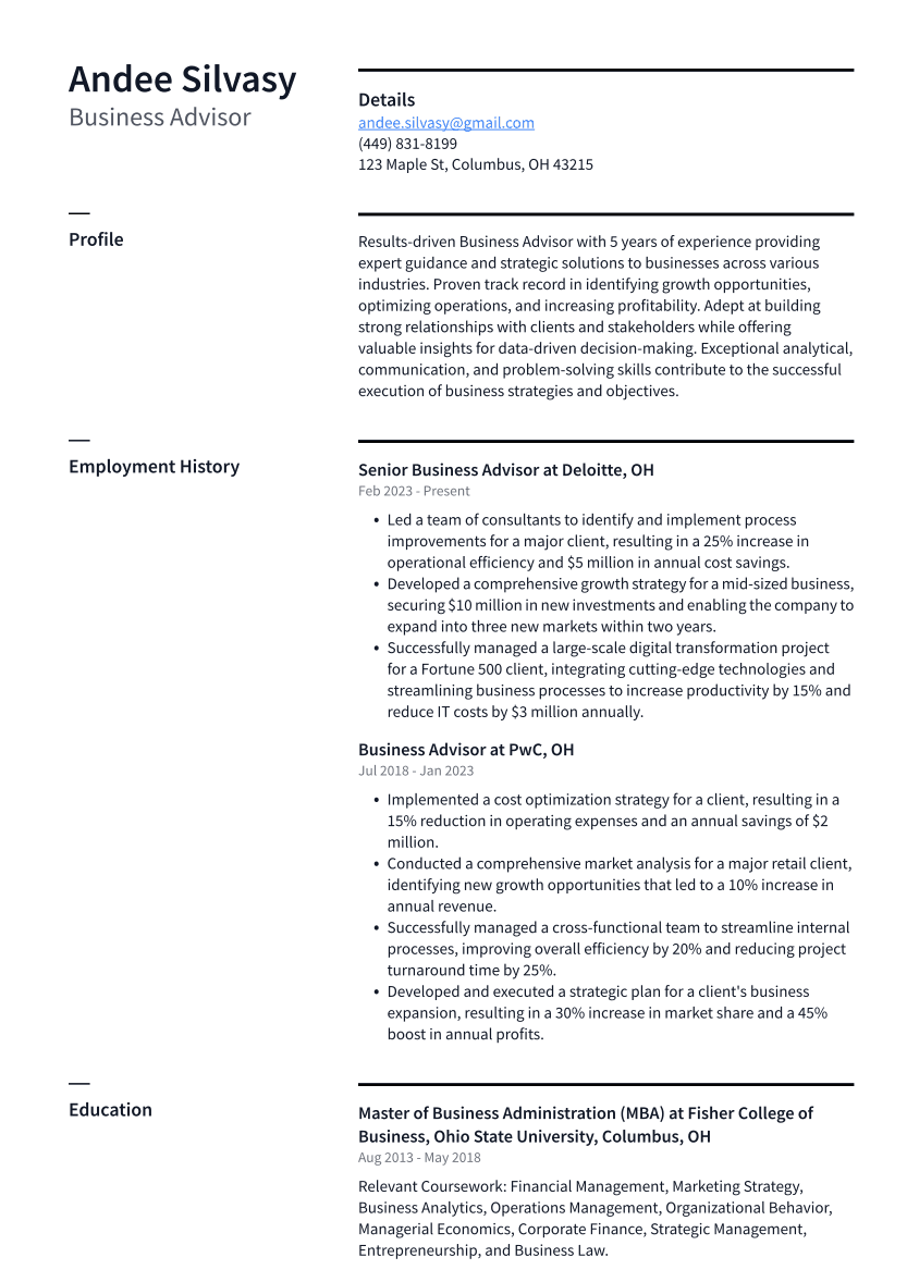 Business Advisor Resume Example