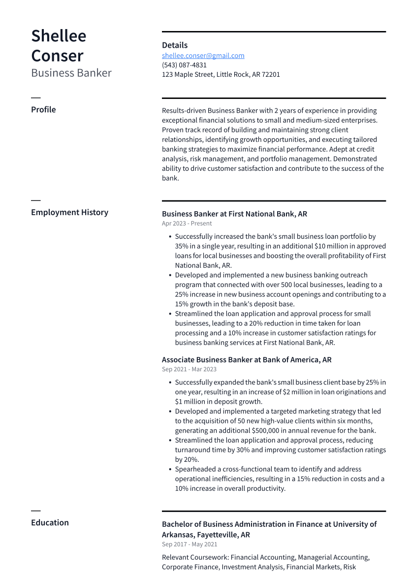 Business Banker Resume Example