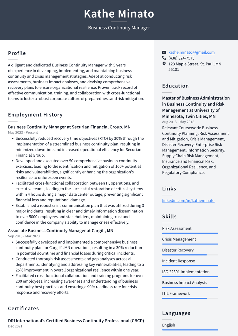 Business Continuity Manager Resume Example