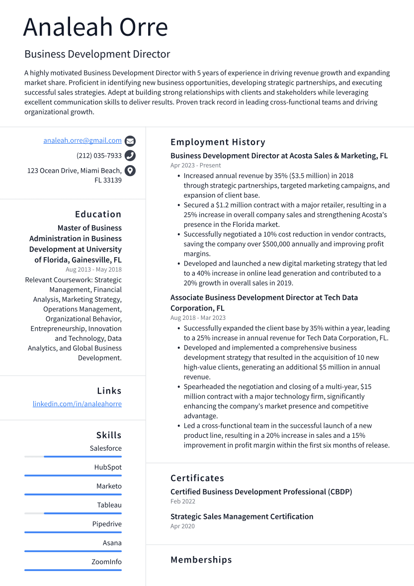 Business Development Director Resume Example