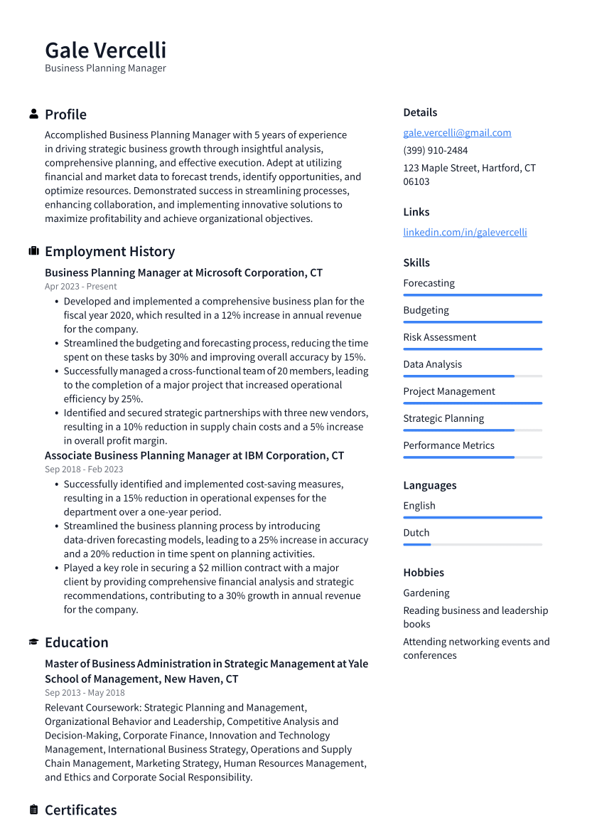 Business Planning Manager Resume Example