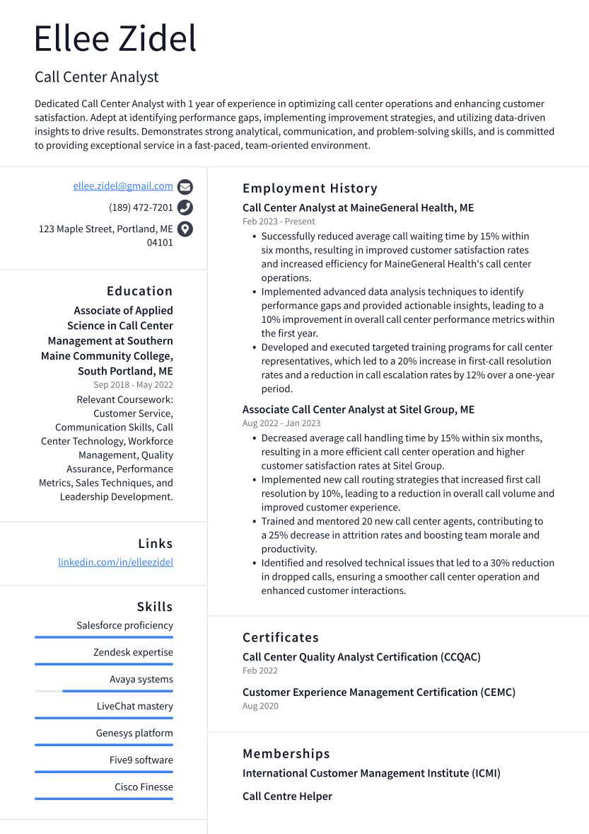 Call Center Analyst Resume Example