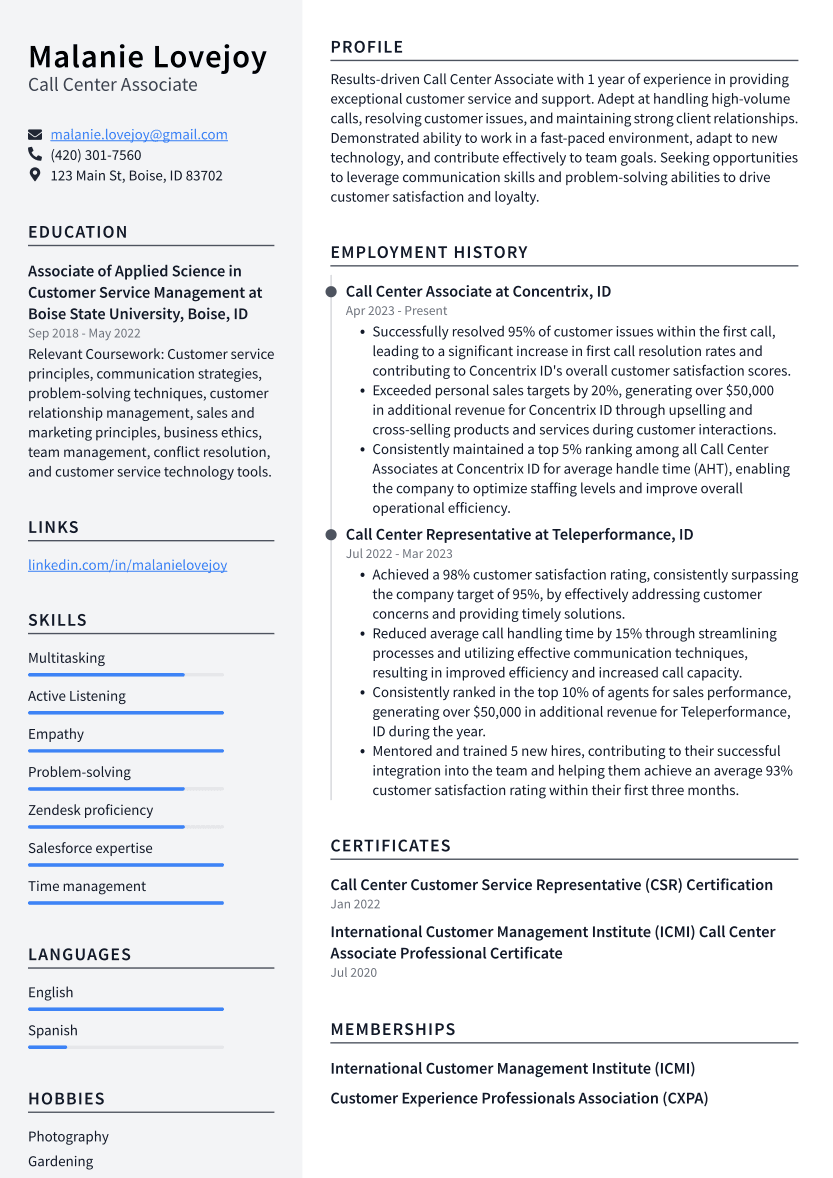 Call Center Associate Resume Example