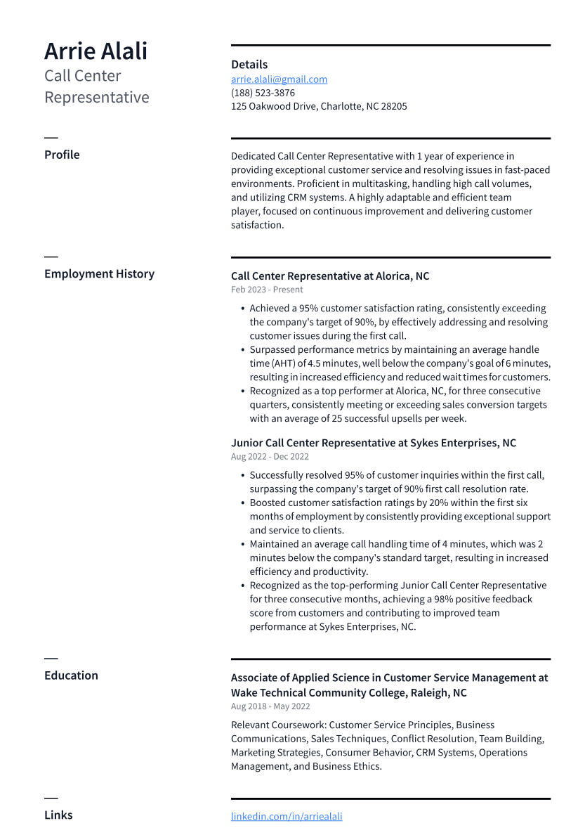 Call Center Representative Resume Example