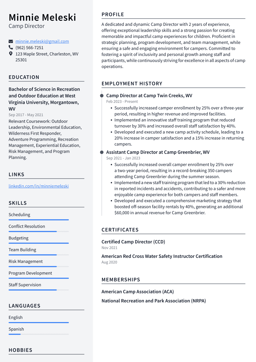 Camp Director Resume Example