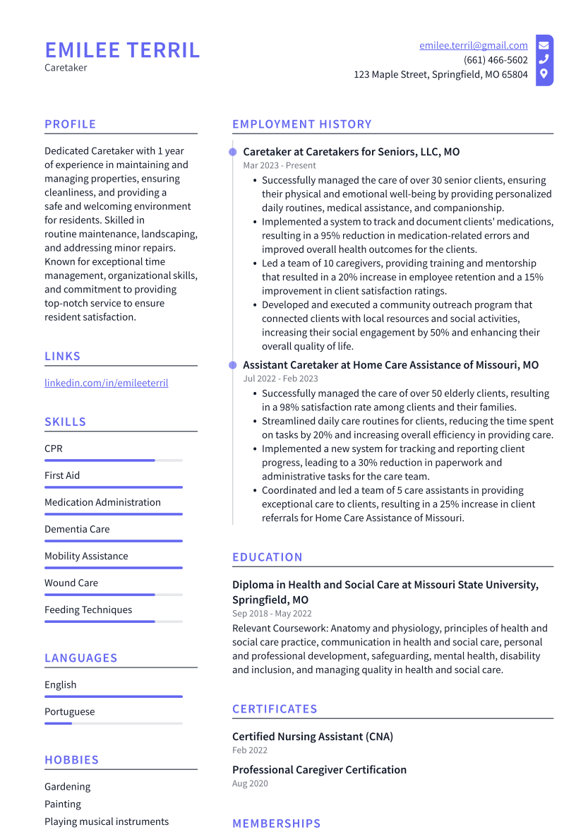 Caretaker Resume Example