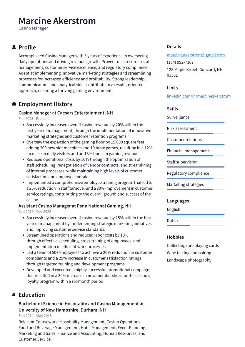 Casino Manager Resume Example