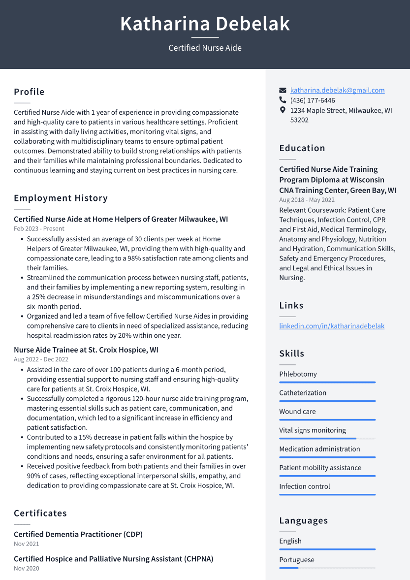 Certified Nurse Aide Resume Example