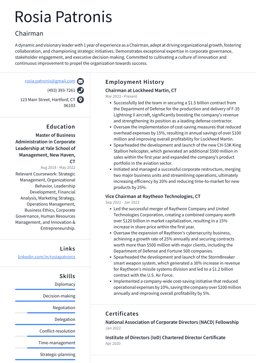 Chairman Resume Example