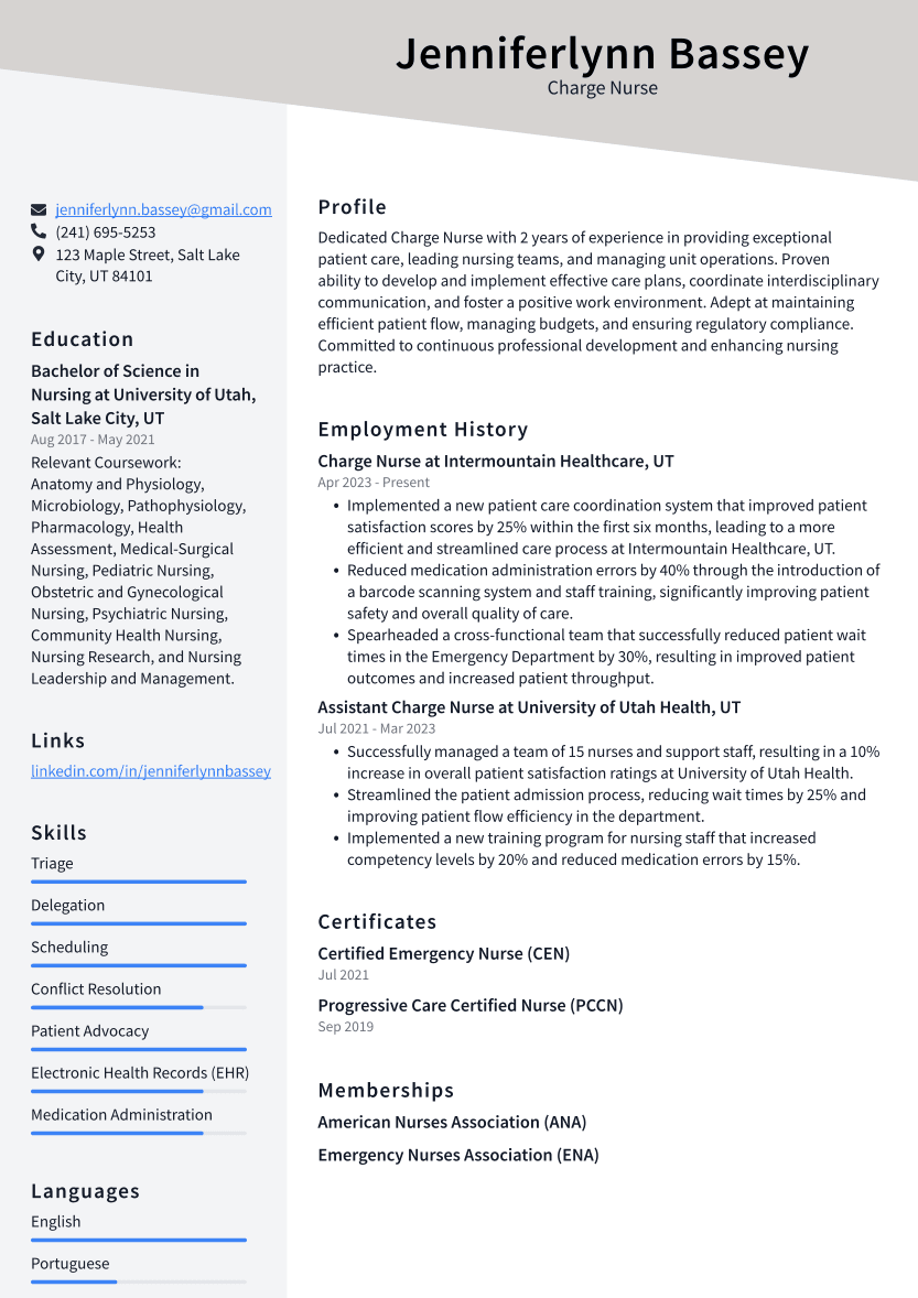 Charge Nurse Resume Example