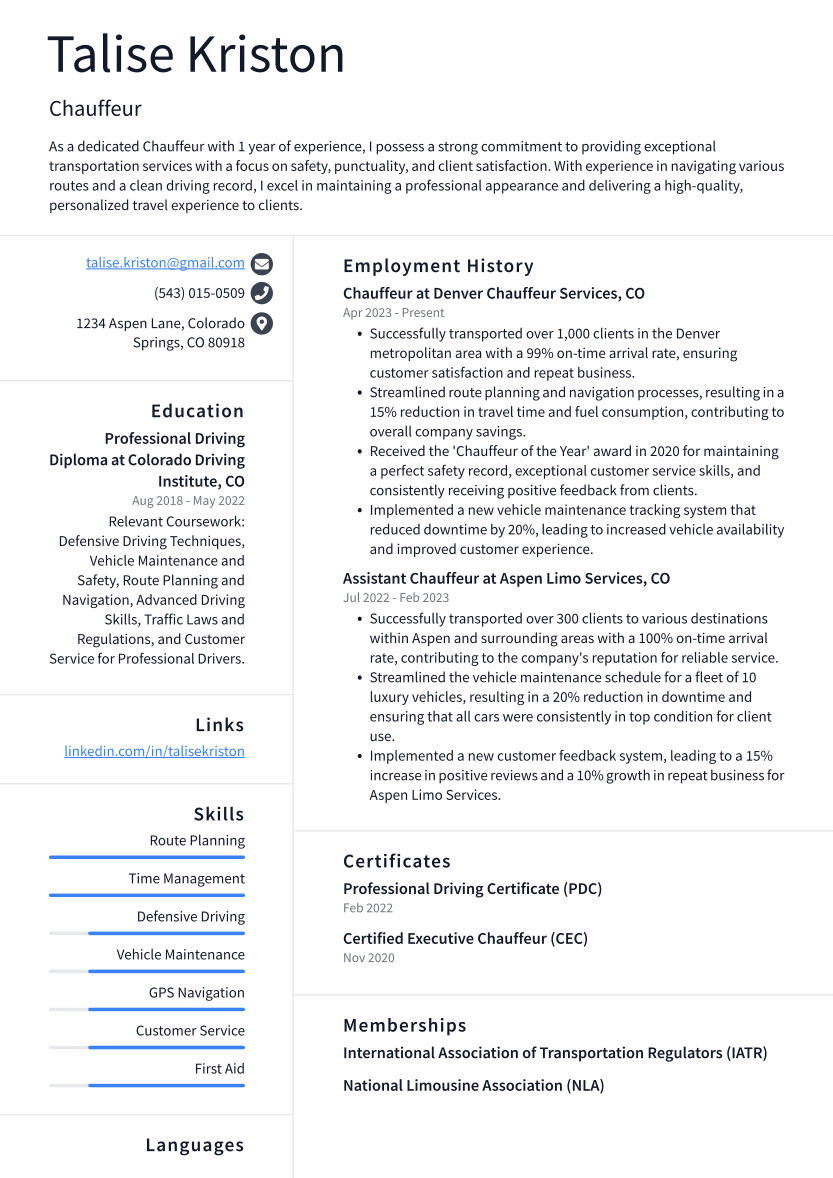 Chauffeur Resume Example