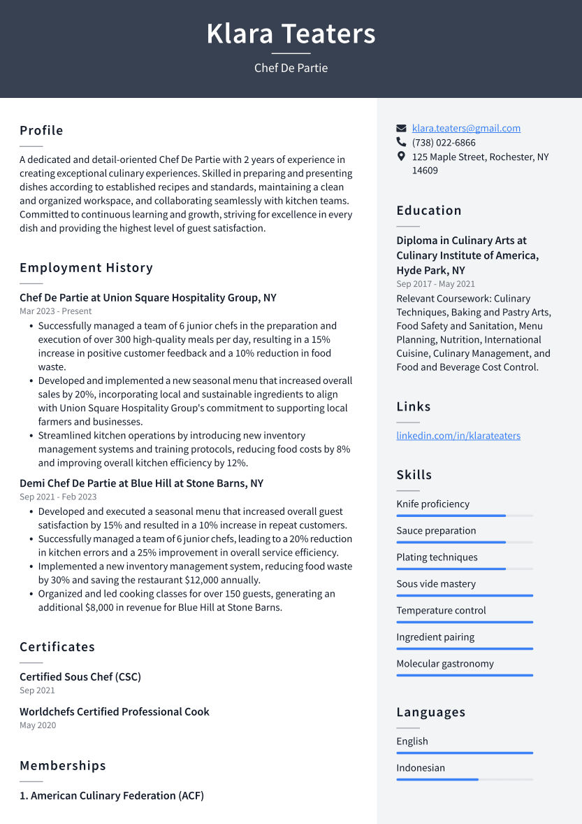 Chef De Partie Resume Examples And Templates ResumeCat