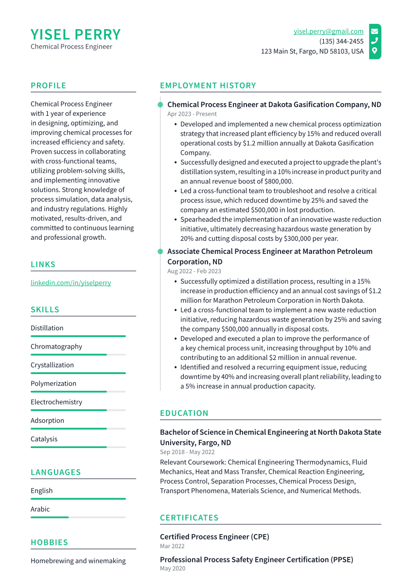 Top 18 Chemical Process Engineer Resume Objective Examples