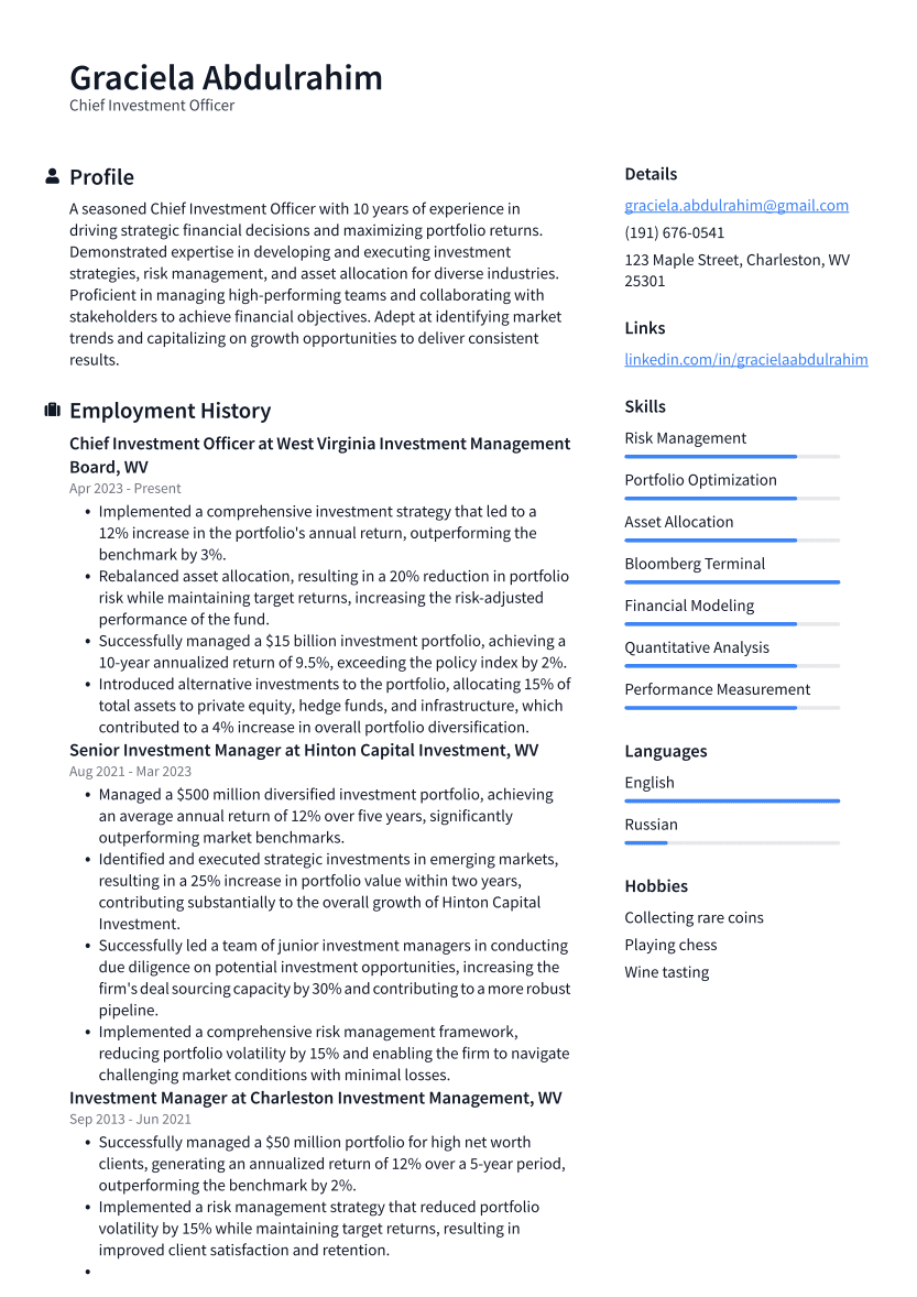 Chief Investment Officer Resume Example