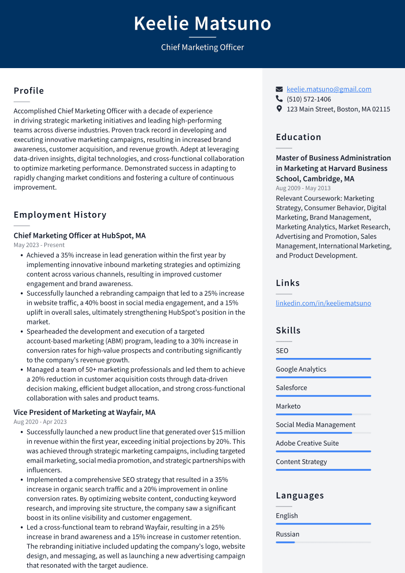 Chief Marketing Officer Resume Example