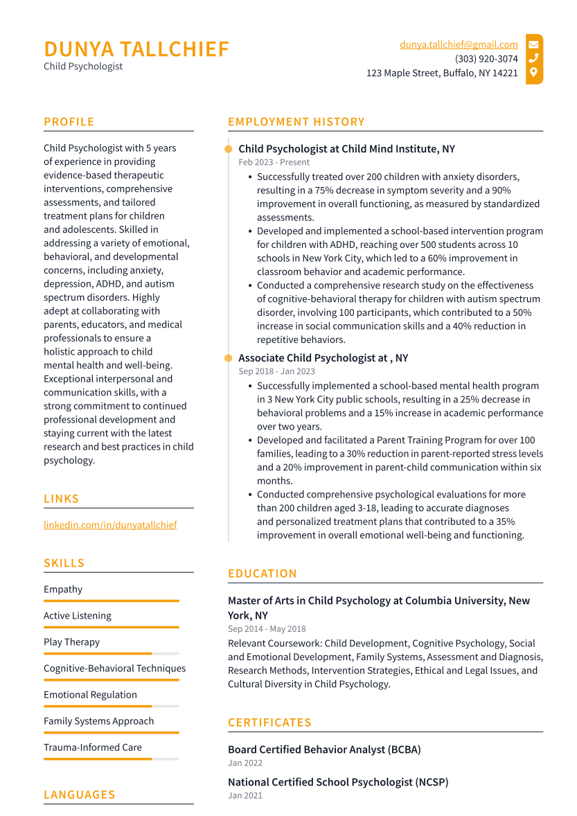 Child Psychologist Resume Example