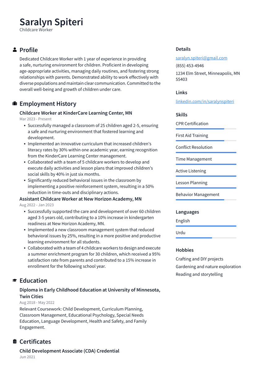 Childcare Worker Resume Example