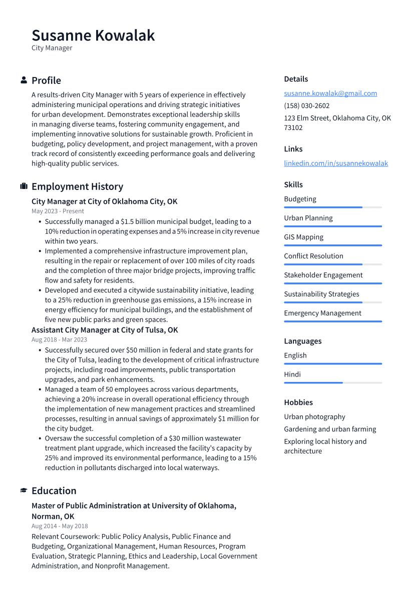 City Manager Resume Example