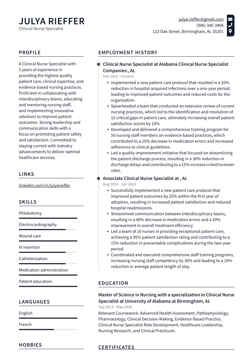 Clinical Nurse Specialist Resume Example