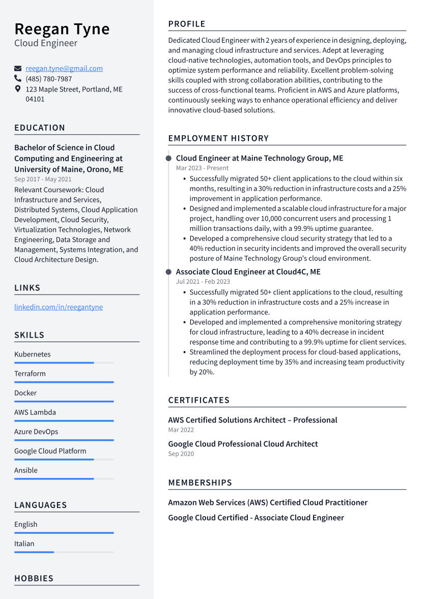 Cloud Engineer Resume Example