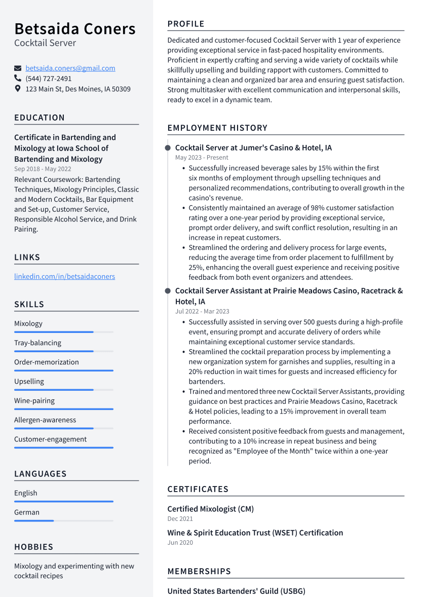 Cocktail Server Resume Example